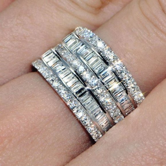 NEW Silver Baguette & Round Diamond Stacked Wide Band - Picture 1 of 6